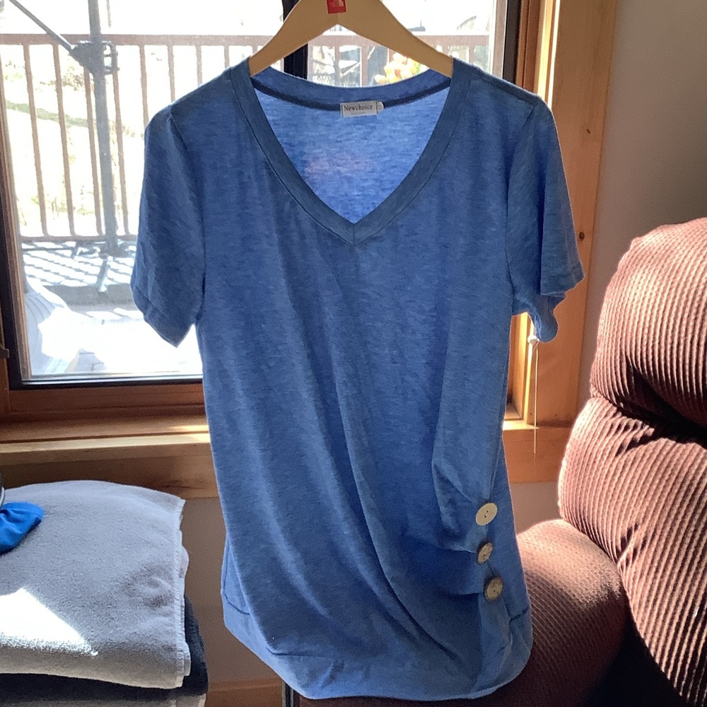New Directions Blue V-Neck Short Sleeve Top with Side Button Detail